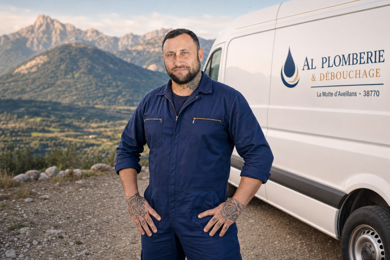 Chris NAVIZET, artisan plombier AL Plomberie & Débouchage devant son camion à La Motte d'Aveillans 38770 Matheysine Isère